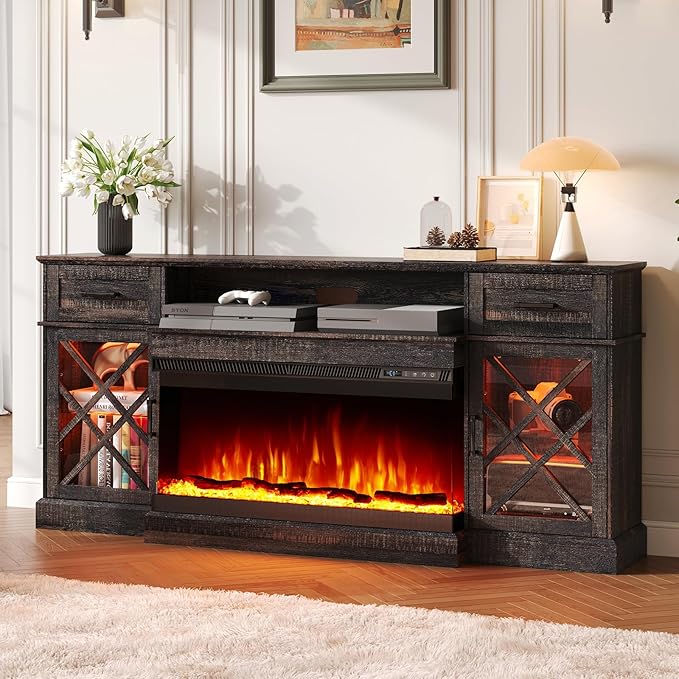 3-Sided Farmhouse LED Fireplace TV Stand, 70" Large Entertainment Center Glass Doors for TVs up to 80", Modern Wood Grain High-Gloss TV Storage Cabinet for Living Room, Black