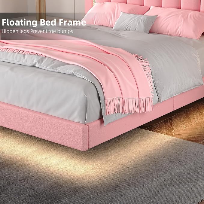 HOMBCK Floating Bed Frame King with Smart LED Lights, Faux Leather Upholstered Bed with Diamond PU Headboard, No Box Spring Needed, Noise-Free, Easy Assembly, Pink