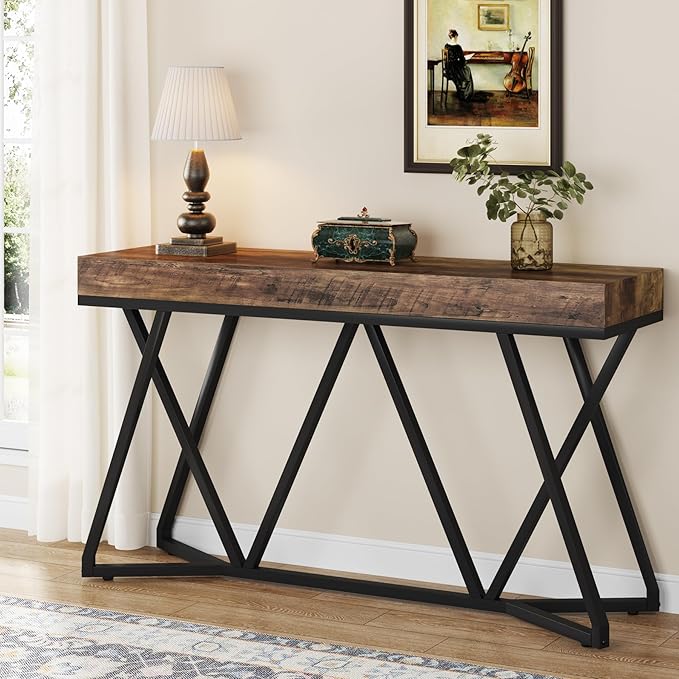 Tribesigns 55 Inch Console Table, Farmhouse Sofa Table Wood Entryway Table with Unique Metal Base, Behind The Couch Table Foyer Table, Industrial Accent Table for Hallway, Living Room, Rustic Brown