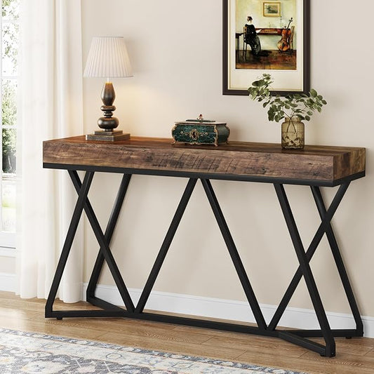 Tribesigns 55 Inch Console Table, Farmhouse Sofa Table Wood Entryway Table with Unique Metal Base, Behind The Couch Table Foyer Table, Industrial Accent Table for Hallway, Living Room, Rustic Brown