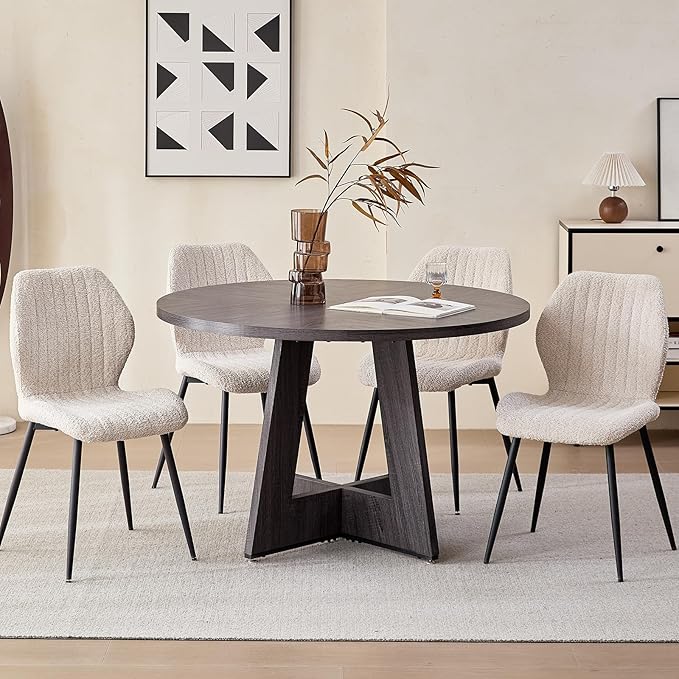 47" Round Dining Room Table Set for 4, [Fanned Base] [1.38" Thick Top] Wood Kitchen Table with 4 Boucle Dining Chairs