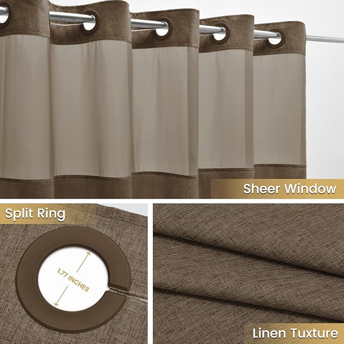 No Hook Shower Curtain with Snap in Liner, Polyester Textured Shower Curtain with Liner Set, Waterproof Washable Hotel Style Shower Curtains for Bathroom, 71Wx74H, Brown