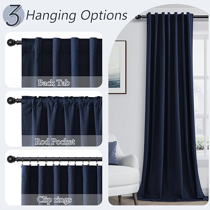 Guken Navy Blue Linen Blackout Curtains 120 Inch Length 2 Panels Set for Living Room Bedroom Back Tab Thermal Insulated 100% Black Out Linen Drapes Room Darkening Window Curtains 120 Inches Long