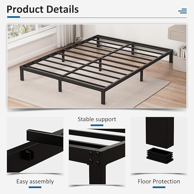 9 Inch Low Full Size Bed Frame Heavy Duty Metal Platform, No Box Spring Needed, Easy Assembly Mattress Foundation, No Noise, Black