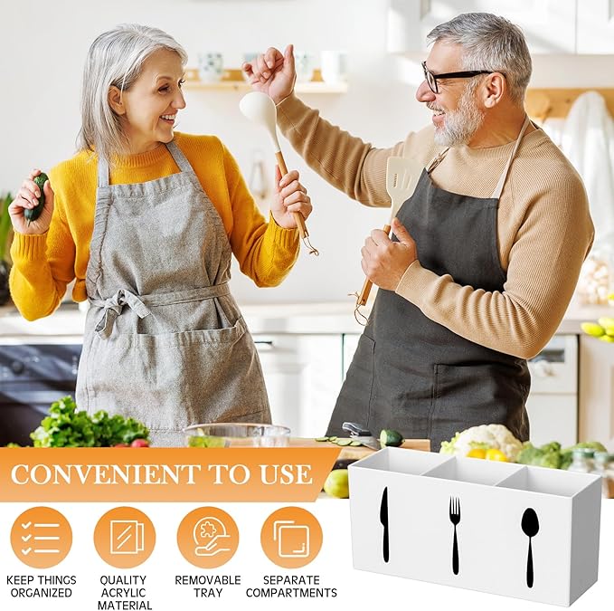 Suzile Acrylic Cutlery Storage Organizer Bin Silverware Caddy Countertop Knife Spoon and Fork Holder Kitchen 3 Section Tableware Storage Box for Cabinet Indoor Home Flatware Dining Room (White,M)