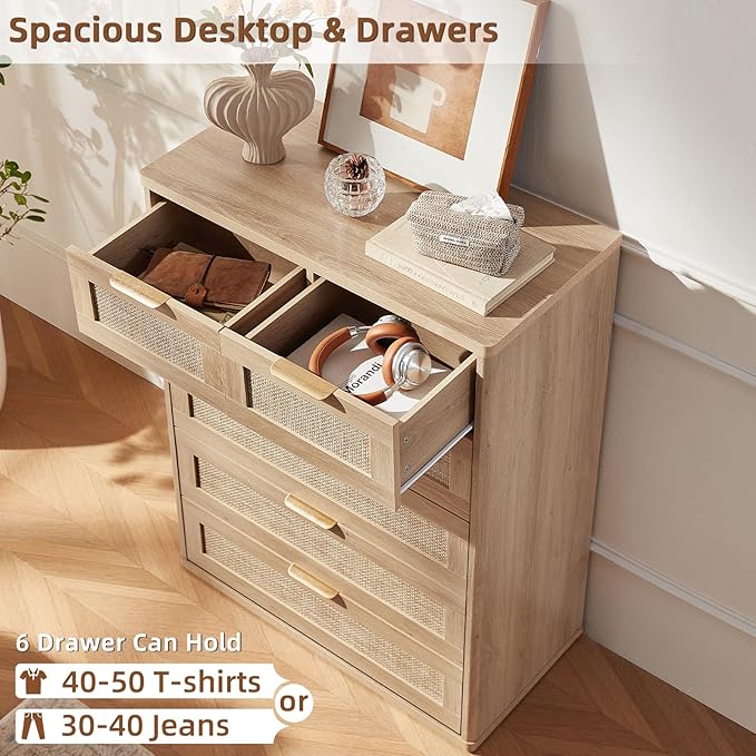 LEYAOYAO Rattan Dresser for Bedroom Set of 2, 41" Tall Chest of Drawers, Modern 6 Drawers Boho Dressers with Storage, Light Oak Dresser Wooden Closet Organizer for Living Room, Hallway, Natural Wood