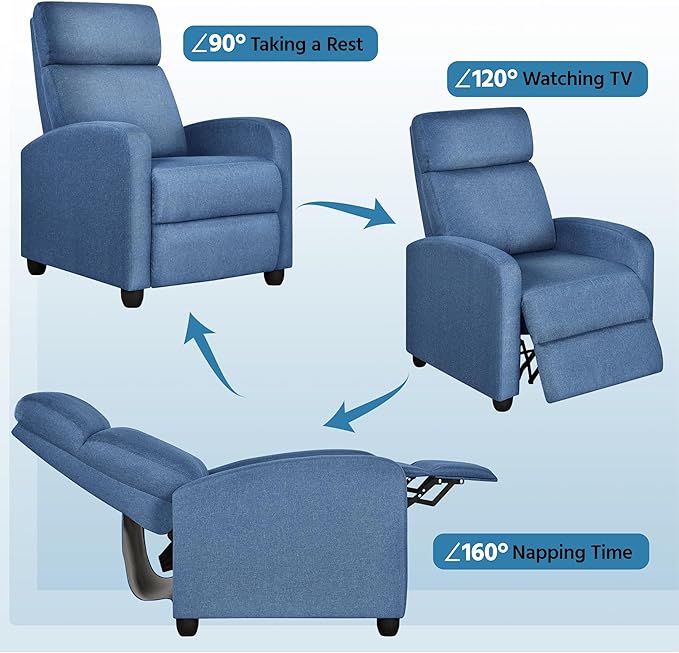 Yaheetech Fabric Recliner Chair Sofa Ergonomic Adjustable Single Sofa with Thicker Seat Cushion Modern Home Theater Seating for Living Room Light Blue
