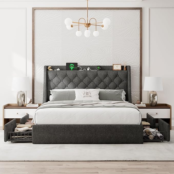 Full Size Bed Frame with 4 Storage Drawers, Upholstered Bed Frame with Large Wingback Headboard, Charging Station, No Box Spring Needed, Dark Grey