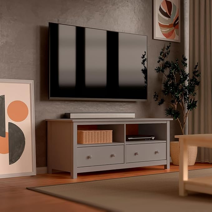 Handcrafted Solid Oak TV Stand Entertainment Center - Elegant Gray Media Console with Spacious Storage Drawers & Open Shelves - Sturdy Wood Cabinet Fits TVs up to 55 Inches