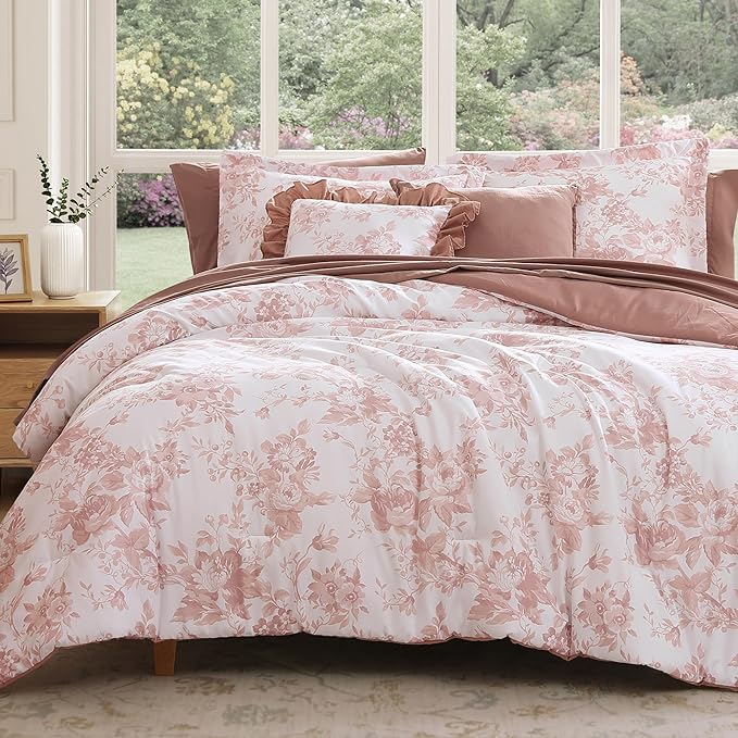 King Comforter Set -7 Pieces Pink Floral Comforter Set for All Seasons, Bed in a Bag King with Botanical Flowers Comforter, Sheets, Pillowcases & Shams