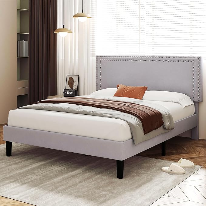 VECELO Queen Size Bed Frame with Adjustable Upholstered Headboard, Wooden Slats Platform, Noise-Free Design, Easy Assembly