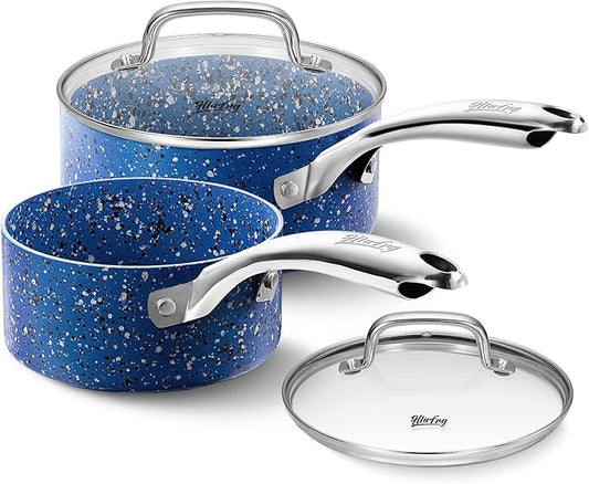 Kitchen Nonstick Saucepan Set - 1 Quart and 2 Quart Sauce Pan Set with Lid - Multipurpose Pots Set Use for Home Kitchen or Restaurant (Blue Granite)