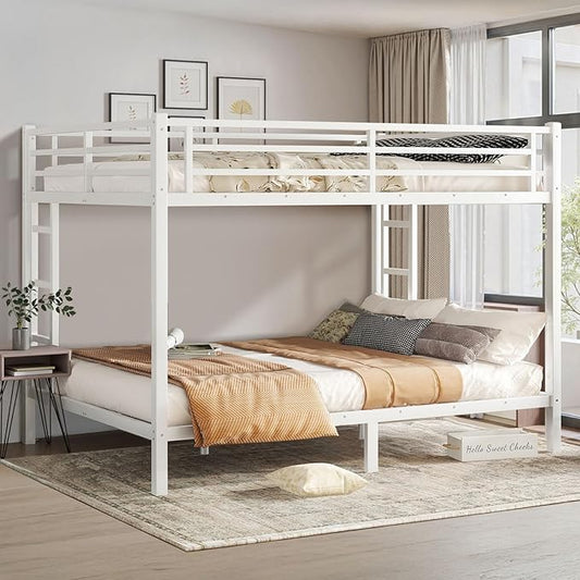 Queen Over Queen Bunk Bed Frame, Heavy Duty Metal Loft Bed for Adults/Teens, 350/600LB Capacity w/Ladder & Guardrail, Noise-Free Steel Slats, No Box Spring Required, White