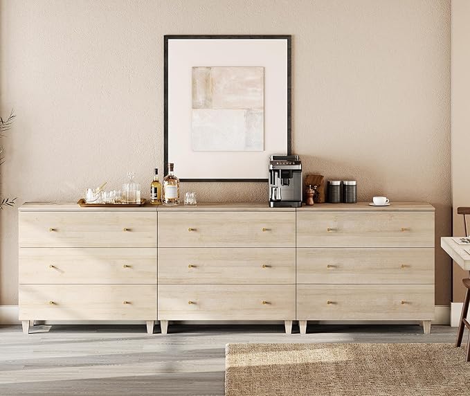 WAMPAT TV Stand Dresser for 100+ Inches TVs, 3-in-1 Wood Media Console Table with 9 Drawers, Modern Highboy Entertainment Center with Storage for Living Room Bedroom, Natural Oak