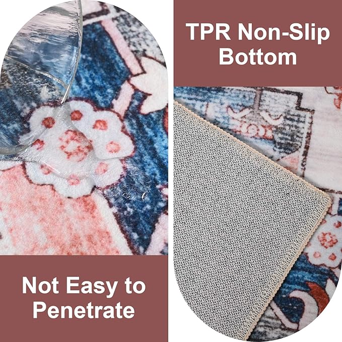 Large Washable 6x9 Area Rug, Red Vintage Floral Rugs for Living Room, Non Slip Low Pile Carpet for Bedroom Dining Room, Thin Indoor Carpet for Office Classroom