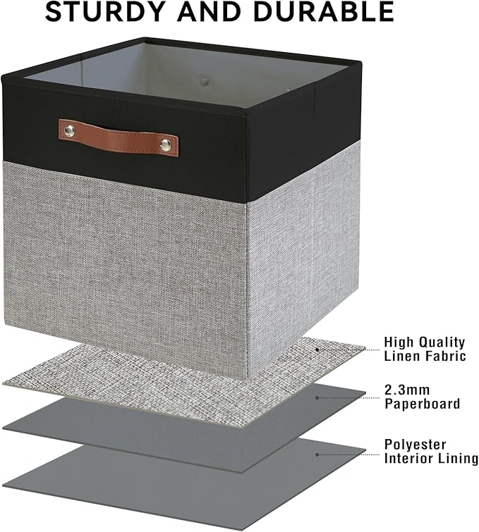 Collapsible Fabric Storage Cube Bins with 2 Reinforced PU Handles, Foldable Storage Organizer Baskets for Closet, Shelves, Living Room | 13"x13"x13", 4 Pack, Black & Gray