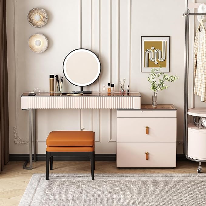 Lartis Makeup Vanity、extendable Dresser Set、Dressing Table,Super Storage、LED Lighted Vanity Mirror with ash All Solid Wood upholstered Makeup Stool