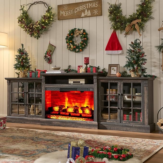 AMERLIFE 97" Farmhouse Fireplace TV Stand, Entertainment Center with Large Storage Space and Adjustable Shelf, Media Console for Living Room, Black