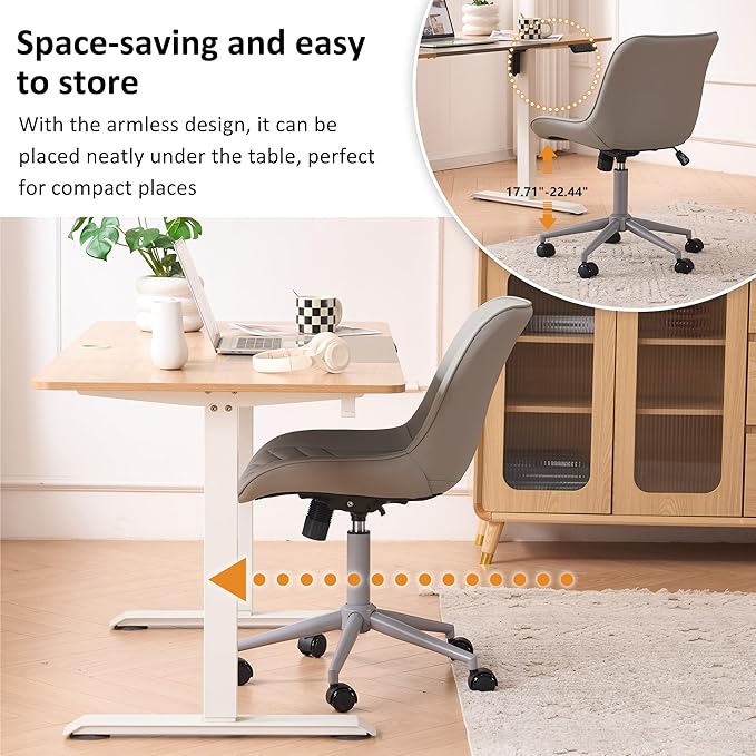 YOUNIKE Grey Home Office Desk Chair No Arms Comfy Small Vanity Chair Chair with Wheels Swivel Adjustable Modern Ergonomic Task with Back Armless Cute Leather Upholstered Rolling Chair
