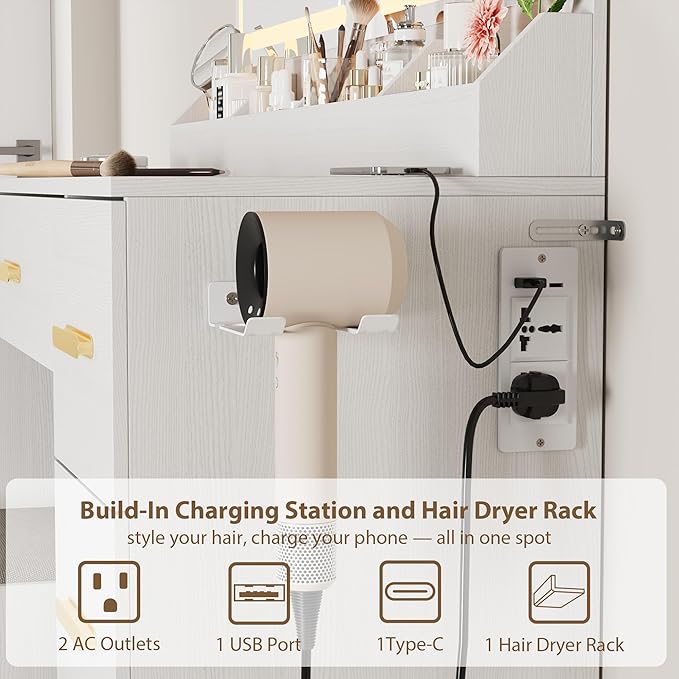 Garvee Vanity Desk with Large Mirror and Lights, 45.9In Makeup Vanity Desk, 3 Lighting Modes Adjustable Brightness, Vanity Table with Power Outlet &8 Drawers, for Powder Room and Bedroom