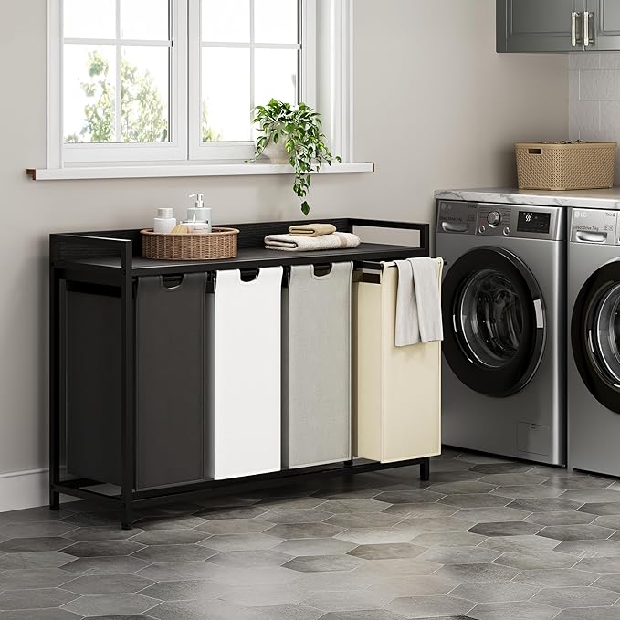 Laundry Hamper with Shelf, Laundry Basket 4 Section, Laundry Sorter with Pull-Out Removable Large 4 Color Bags and Movable Wheels, Metal Frame, 4 x 15.87 Gallons (60L), Black PF07XLK