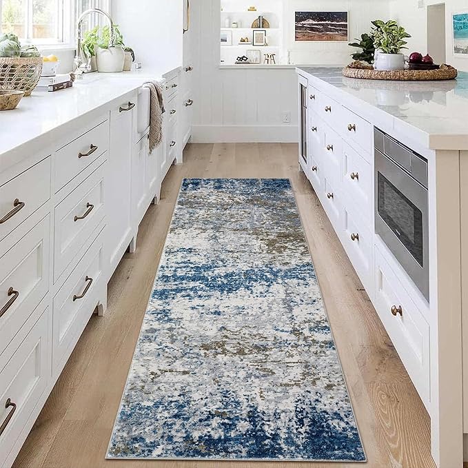 2x6 Modern Abstract Runner Rug Non Slip Soft Machine Washable Stain Resistant Rugs Low Pile Non Shed Rug for Hallway Kitchen Bathroom, Navy