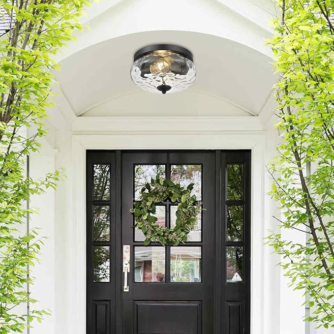Darkaway Ceiling Light Fixtures Flush Mount Indoor Outdoor Ceiling Light with Water Ripple Glass Shade for Hallway Kitchen Bedroom Porch Living Room Black Finish