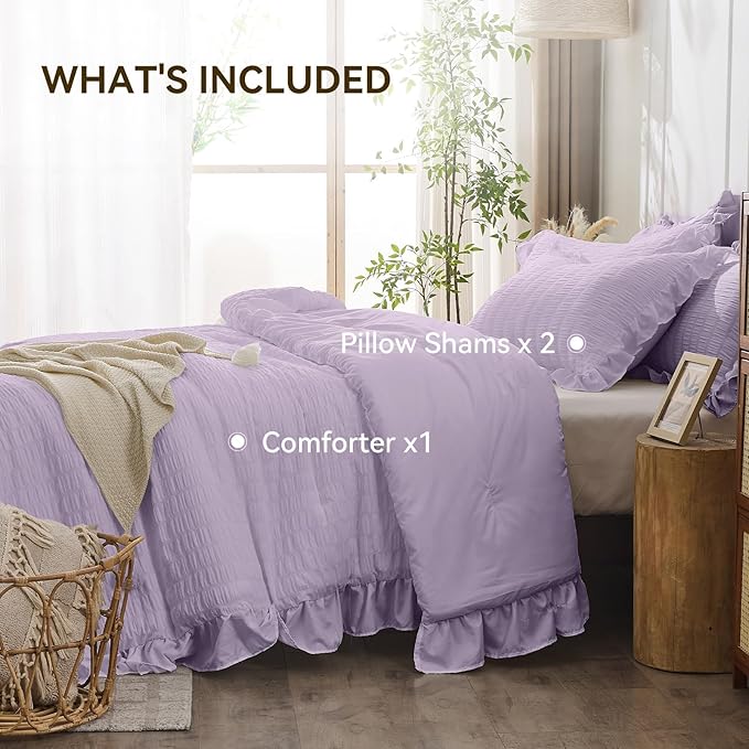 JOLLYVOGUE Lavender Queen Comforter Set, 3 Pieces Seersucker Comforters Queen Size, Lightweight & Fluffy Bedding Sets Queen for All Season with 1 Ruffle Comforter and 2 Ruffle Pillowshams