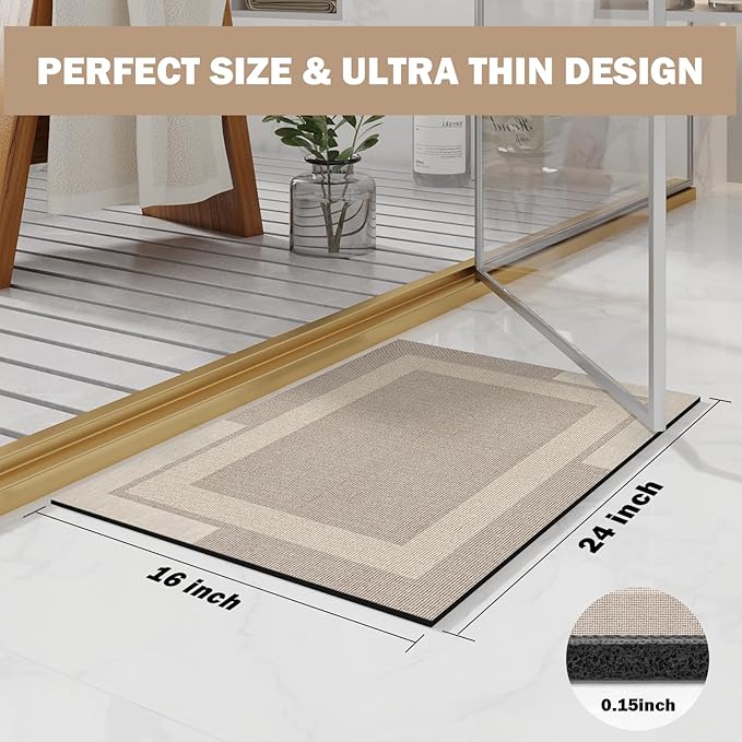 Non Slip Bath Mat, Rubber Backing Ultra Thin Bathroom Rugs Fit Under Door Quick Dry Super Absorbent Washable Bath Rug Shower Mat for Bathroom Floor Bathtub Shower Sink, Easy Care Beige 16"x 24"