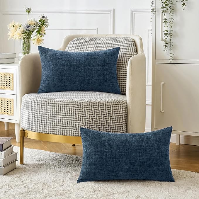 MIULEE Pack of 2 Blue Throw Pillow Covers 12x20 Inch Soft Chenille Pillow Covers for Sofa Living Room Couch Solid Dyed Cases