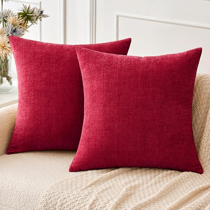 MIULEE Pack of 2 Red Couch Throw Pillow Covers 20x20 Inch Soft Polyester Chenille Pillow Covers for Sofa Living Room Solid Dyed Pillow