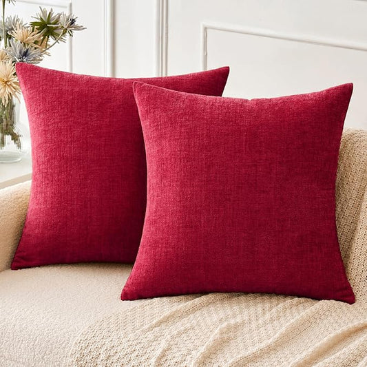 MIULEE Pack of 2 Red Couch Throw Pillow Covers 20x20 Inch Soft Polyester Chenille Pillow Covers for Sofa Living Room Solid Dyed Pillow
