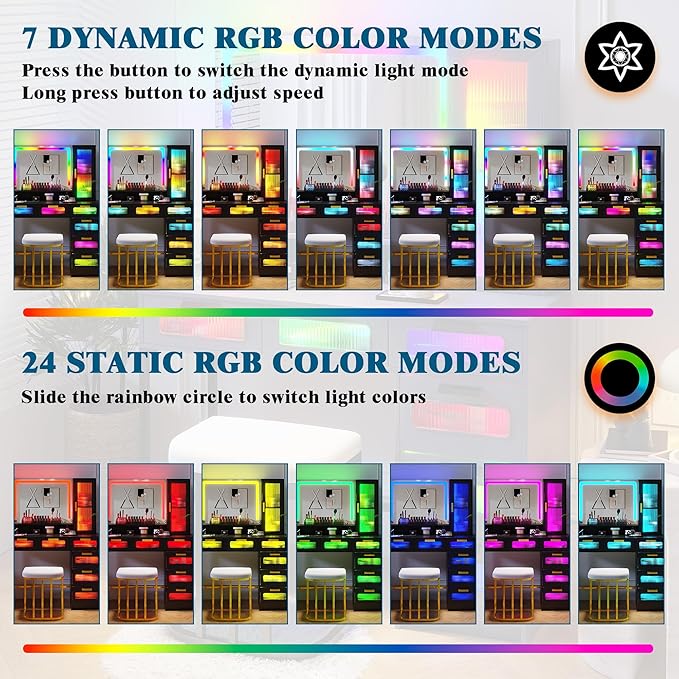 HNEBC RGB Vanity Desk with Mirror and Lights, LED Vanity Makeup Desk with USB/Wireless Charger Station, Vanities Dressing Table Sets with 6 Drawers/Cabins/Stool/Shelves for Bedroom&Cloakroom,Black