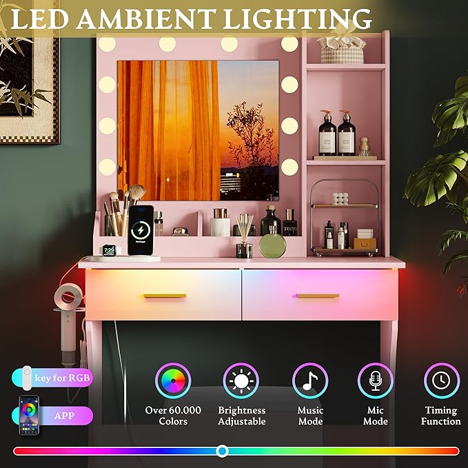 Vanity Desk with Mirror and Lights, Small Makeup Vanity Table Set with Storage Drawers & Power Outlets & Chair, 3 Lighting Modes & RGB Ambient Light, Dressing Table for Women Girls Bedroom, Pink