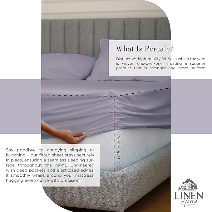 Linen Home 100% Cotton Percale Sheets Twin Size, Prelude Purple, Deep Pocket, 3 Pieces Set - 1 Flat, 1 Deep Pocket Fitted Sheet and 1 Pillowcase, Crisp Cool and Strong Bed Linen