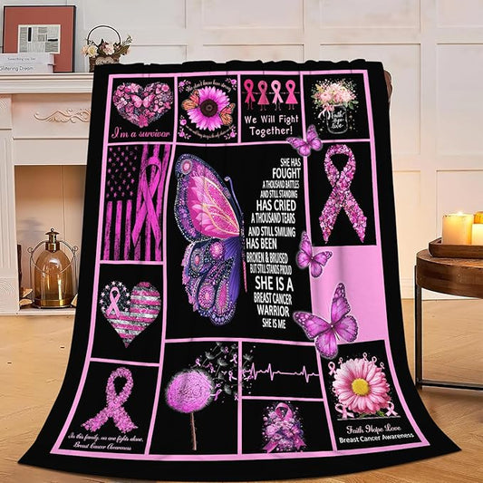 Breast Cancer Awareness Blanket Pink Ribbon Flannel Plush Throw Blanket Cozy Inspirational Warrior Decor Fleece Stuff Blanket Gifts for Lover Girls Boys Kids Adults Women Bed Travel 60"x80"