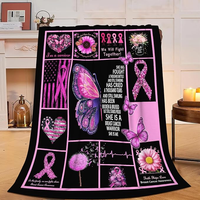 Breast Cancer Awareness Blanket Pink Ribbon Flannel Plush Throw Blanket Cozy Inspirational Warrior Decor Fleece Stuff Blanket Gifts for Lover Girls Boys Kids Adults Women Bed Travel 50"x60"