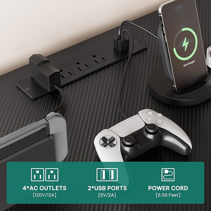 YITAHOME CornerTV Stand for 55 Inch TV, Modern Black TV Stand with Wheels for PS5, LED Gaming Entertainment Center with Power Outlets, Gaming TV Console Cabinet, Black Carbon Fiber