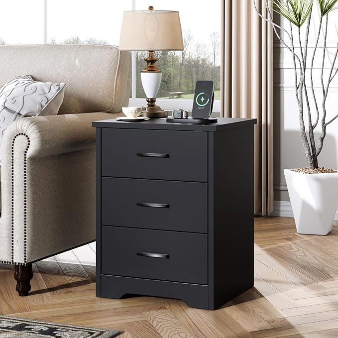 LIDYUK Black Dresser for Bedroom, 3 Drawer Dressers & Chest of Drawers, Modern Wood Dresser with Charging Station, End Table Nightstand Bedside Table for Bedroom, Living Room