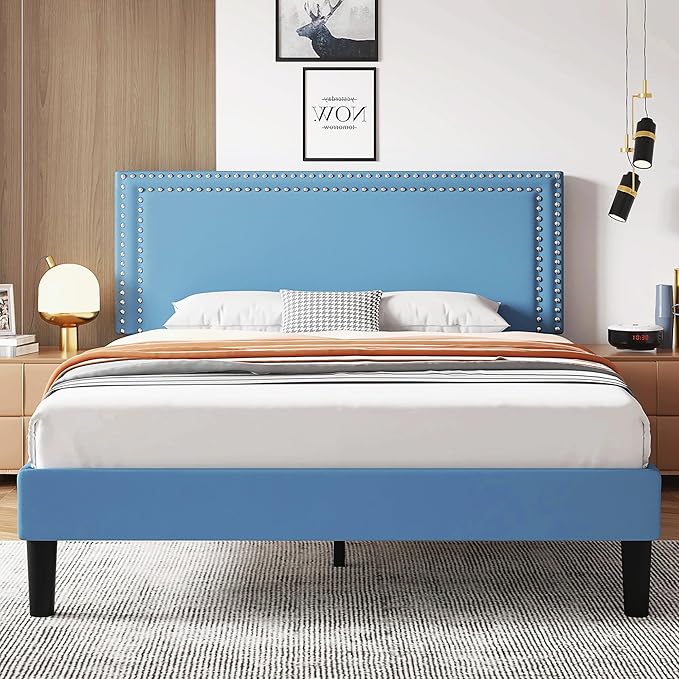 VECELO Queen Size Bed Frame with Adjustable Upholstered Headboard, Wooden Slats Platform, Noise-Free Design, Easy Assembly