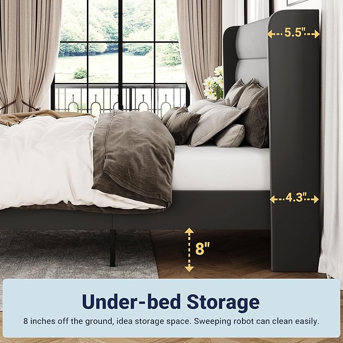 Allewie Queen Size Platform Bed Frame with Velvet Upholstered Wingback Headboard, No Box Spring Needed, Under Bed Storage Space, Strong Wooden Slats, Modern Mattress Foundation, Easy Assembly, Grey