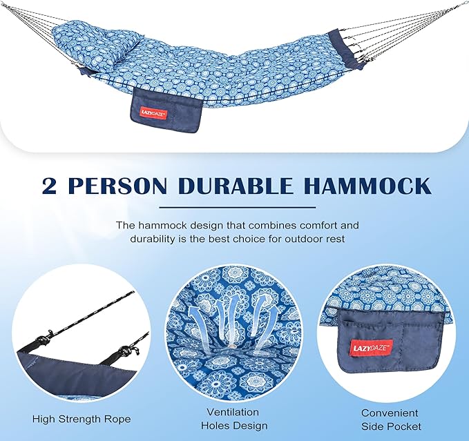 Lazy Daze Hammocks Deluxe 12 FT Thickened Fabric Hammock with Curved Aluminium Spreader, Outside Double Hammock with Large Soft Pillow, Side Pocket 450 Lbs Capacity for Patio, Blue Floral