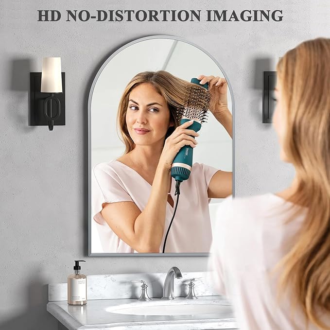 24" x 32" Silver Arched Mirror, Arch Wall Mirror, Metal Frame Black Bathroom Mirror, Arched Top Bathroom Vanity Mirror for Living Room, Bedroom, Entryway, Tempered Glass, Shatter Proof