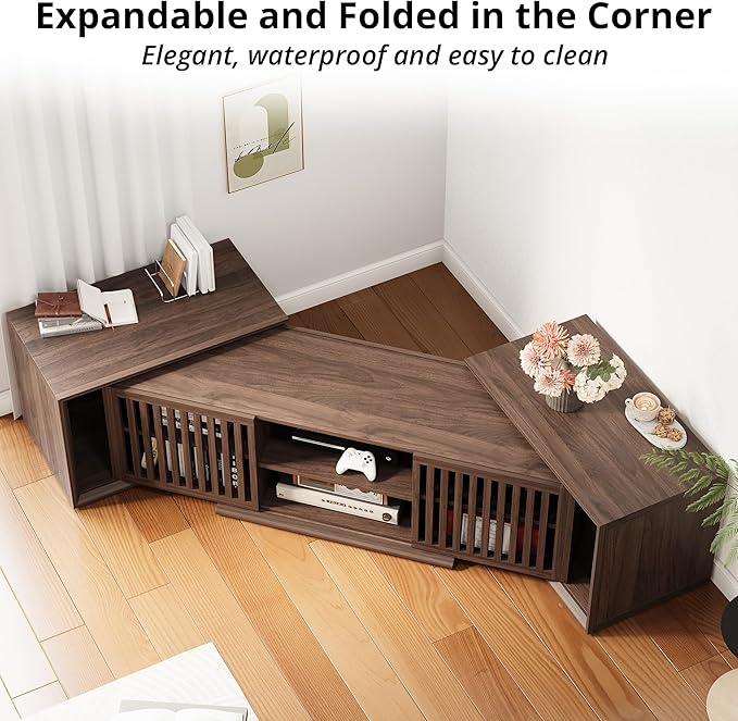 IRONCK TV Stand for TVs up to 75 Inches, Adjustable TV Stands for Living Room, Corner Entertainment Center with Open Storage Shelves, Dark Walnut