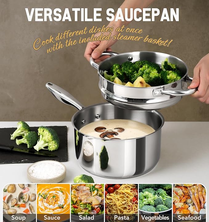 MICHELANGELO Stainless Steel Saucepan with Lid & Steamer, 3 Quart Sauce Pan with Lid, Steamer Pot with Pour Spout, 3 Qt Stainless Steel Pot, Induction Compatible, Oven Safe