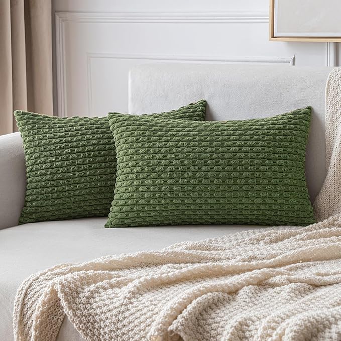 MIULEE Throw Pillow Covers Soft Corduroy Decorative Set of 2 Boho Striped Pillow Covers Pillowcases Farmhouse Home Decor for Couch Bed Sofa Living Room Spring 12x20 Inch Moss Green