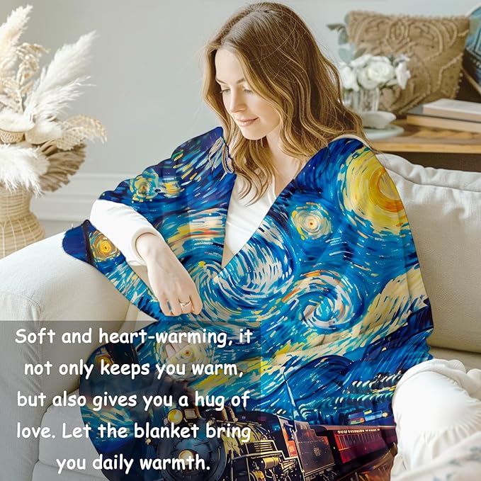 Starry Night Train Flannel Blanket, Train Gifts, Artistic Throw Blanket for Women, Soft Lightweight Throw Blankets for Bed Home Travel Decor 50" x 60"