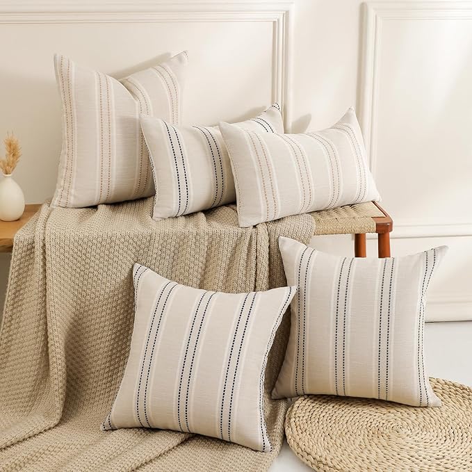 Hckot Throw Pillow Covers 20x20 Set of 2 Striped Pillow Covers Textured Linen Decorative Pillows Square Cushion Covers for Sofa Couch Bed Living Room Farmhouse Decor, Navy