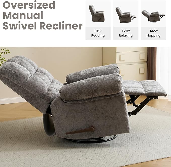 Oversized Swivel Rocker Recliner with Massage and Heat, 26" Extra Wide Manual Recliner for Adults & Big Man, Overstuffed Rocking Chair with High Back for Living Room, Grey Chenille