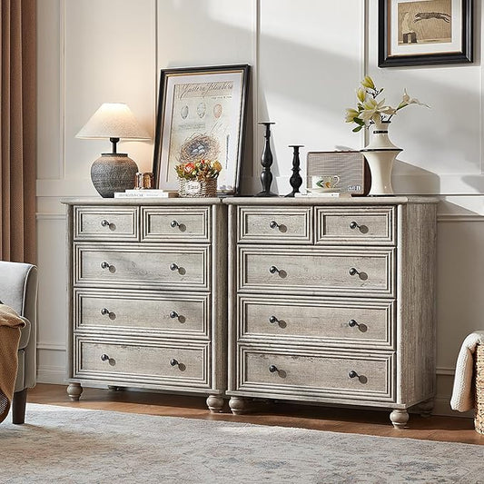 Farmhouse 5 Drawer Dresser for Bedroom Set of 2, 35.5" Tall Small Dressers & Chest of Drawers, Rustic Wood Dresser with Roman Column, Storage Organizer for Living Room, Hallway, Closet (Grey)